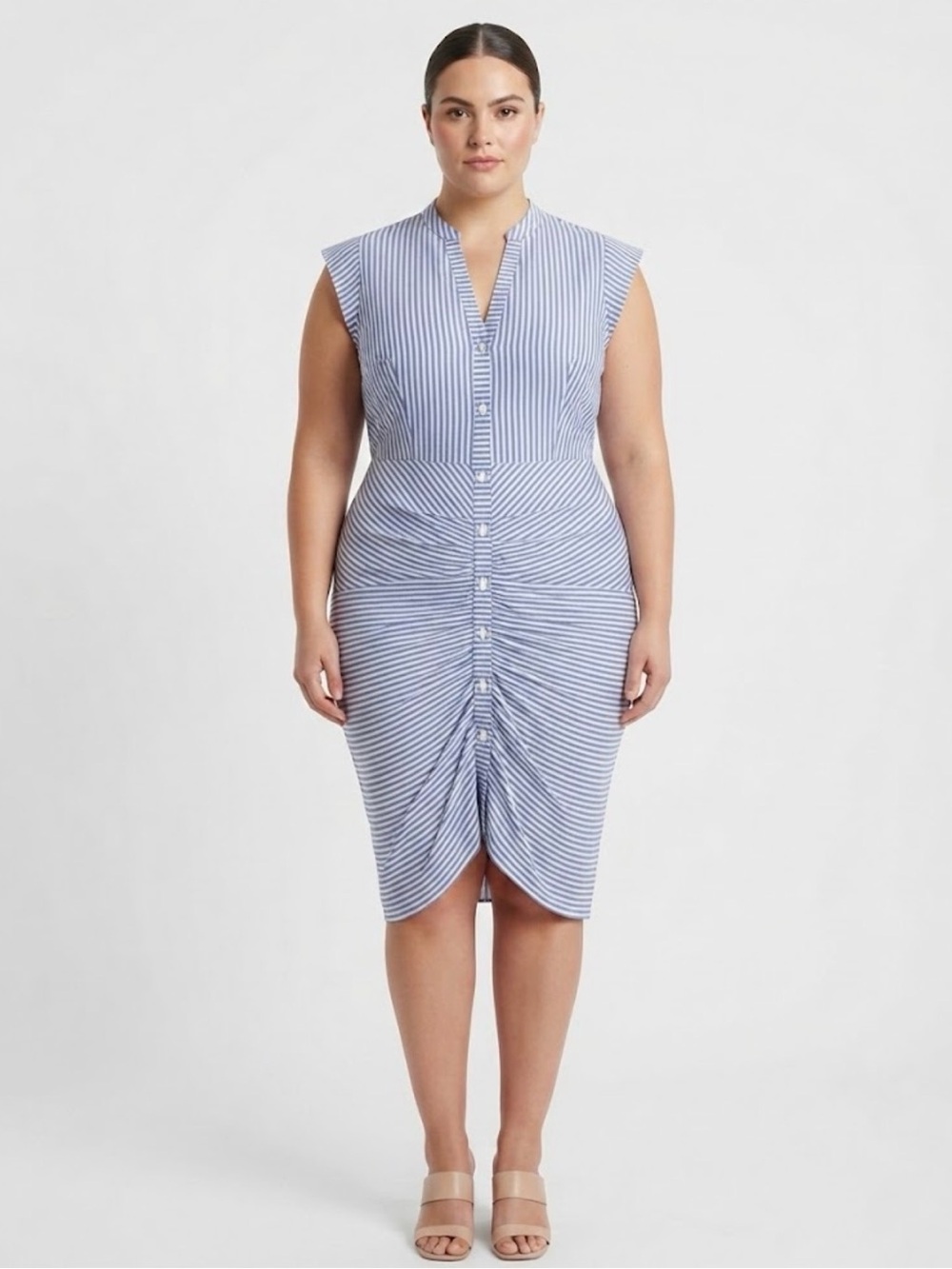Chelsea28 Blue and White Striped Ruched Shirt Dress